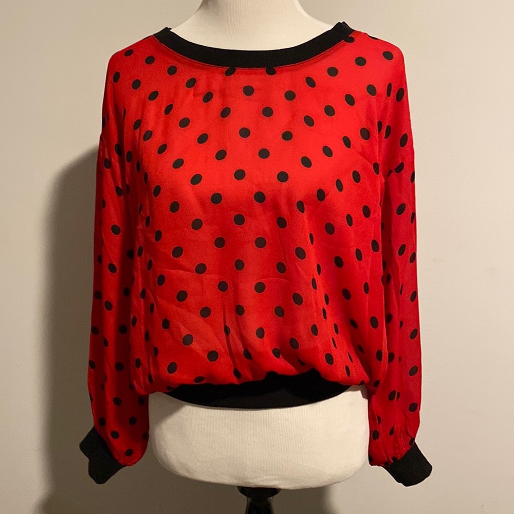New Directions Red with black polka dots blouse. Size S